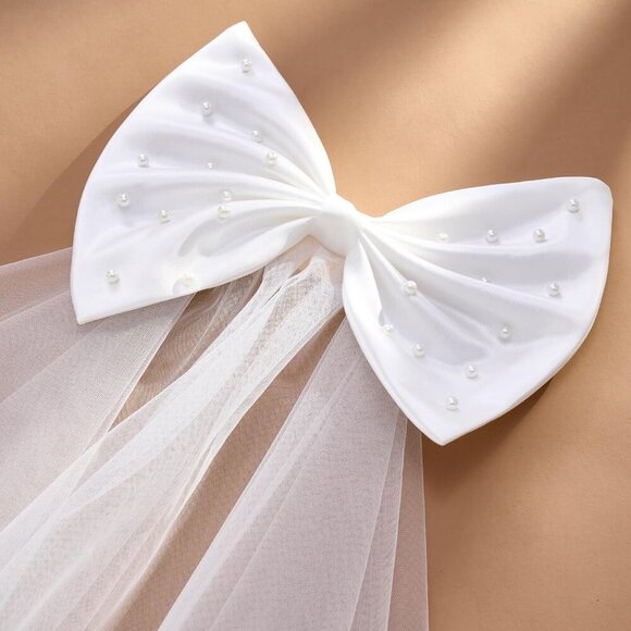 🆕 Women White Hair Bow Veil Bow Clip Bachelorette Decorations Pearl Accessories - Picture 4 of 9